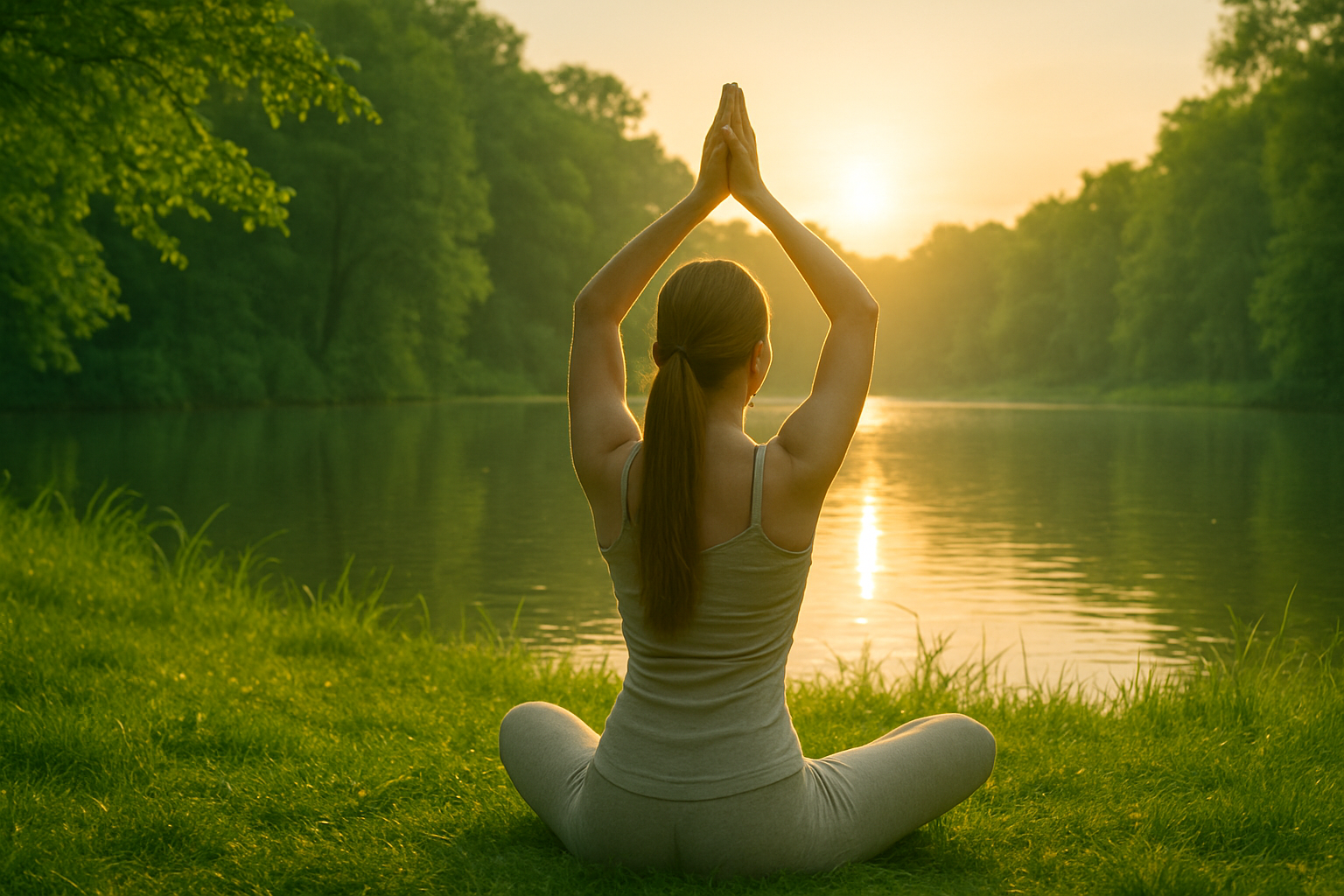 Meditacija v gozdu ob jezeru in sončnem vzhodu