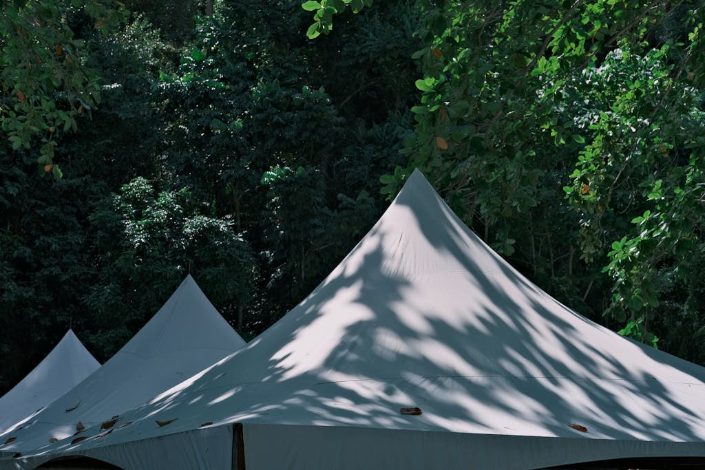 Elegant white tents surrounded by vibrant greenery in a serene outdoor setting.